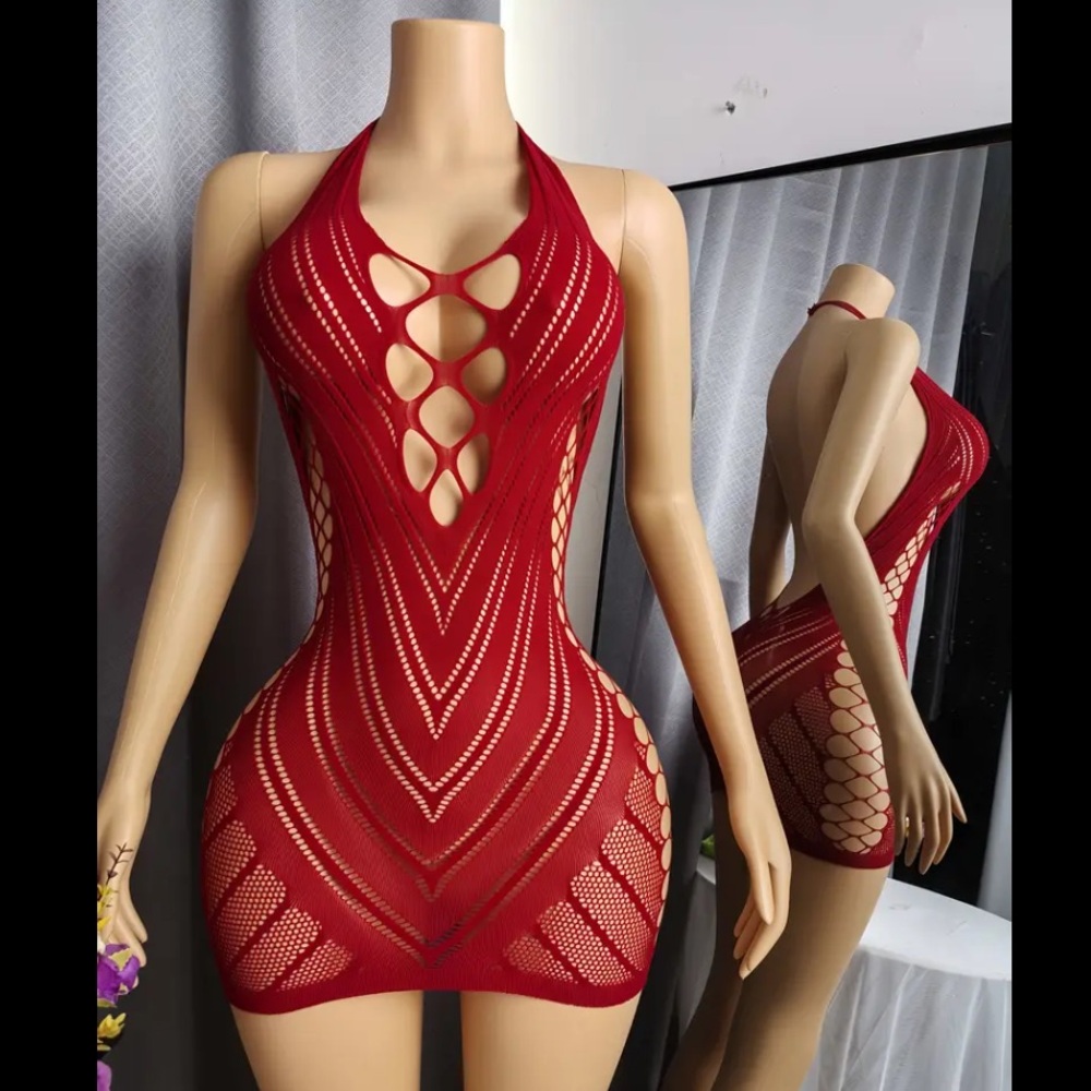 Crimson Red Fishnet Cut Out Fishnet Bodycon Dress Beach Cover Up